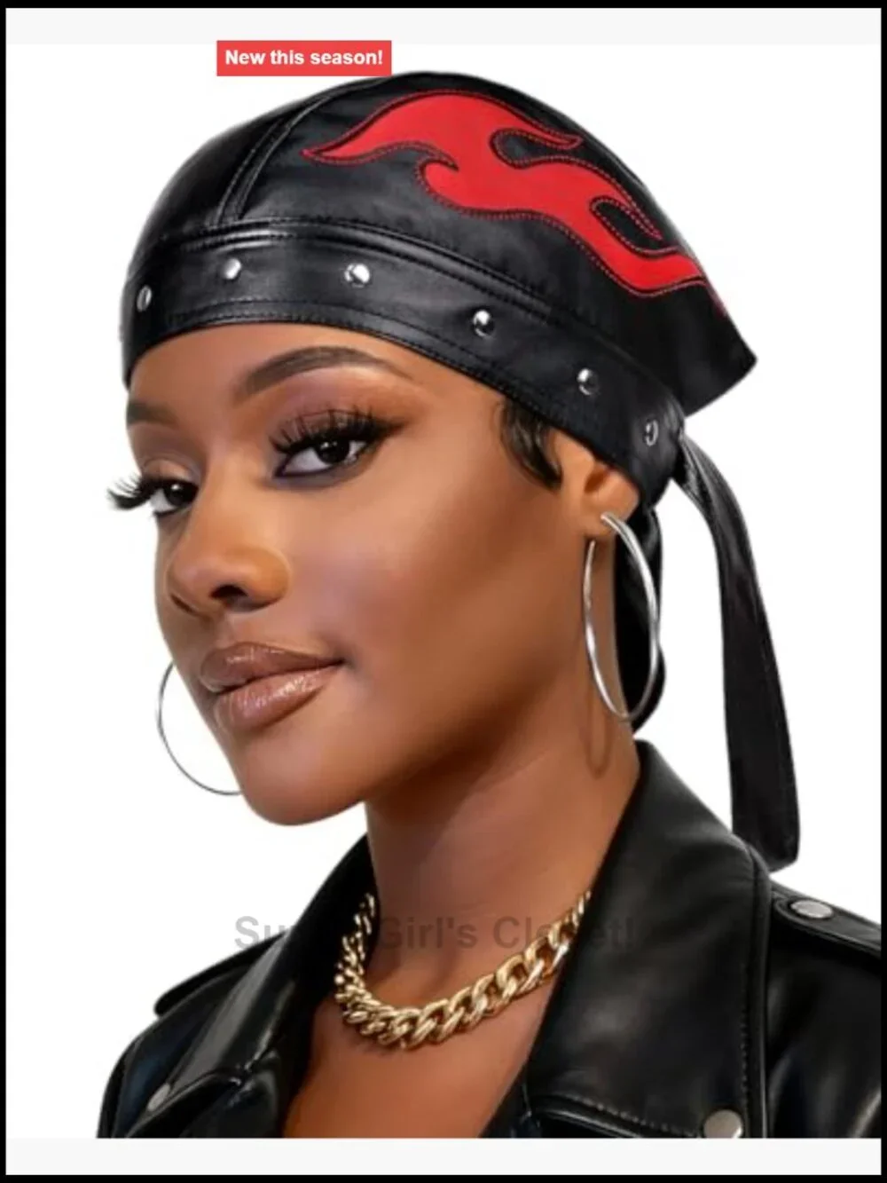 Faux Leather Biker Cap with Embroidery - Adjustable Strap Motorcycle Beanie